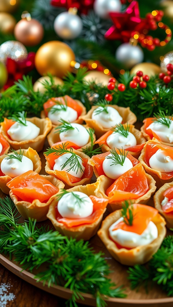 A festive platter of 3-ingredient Christmas appetizers with cream cheese, phyllo cups, and smoked salmon.